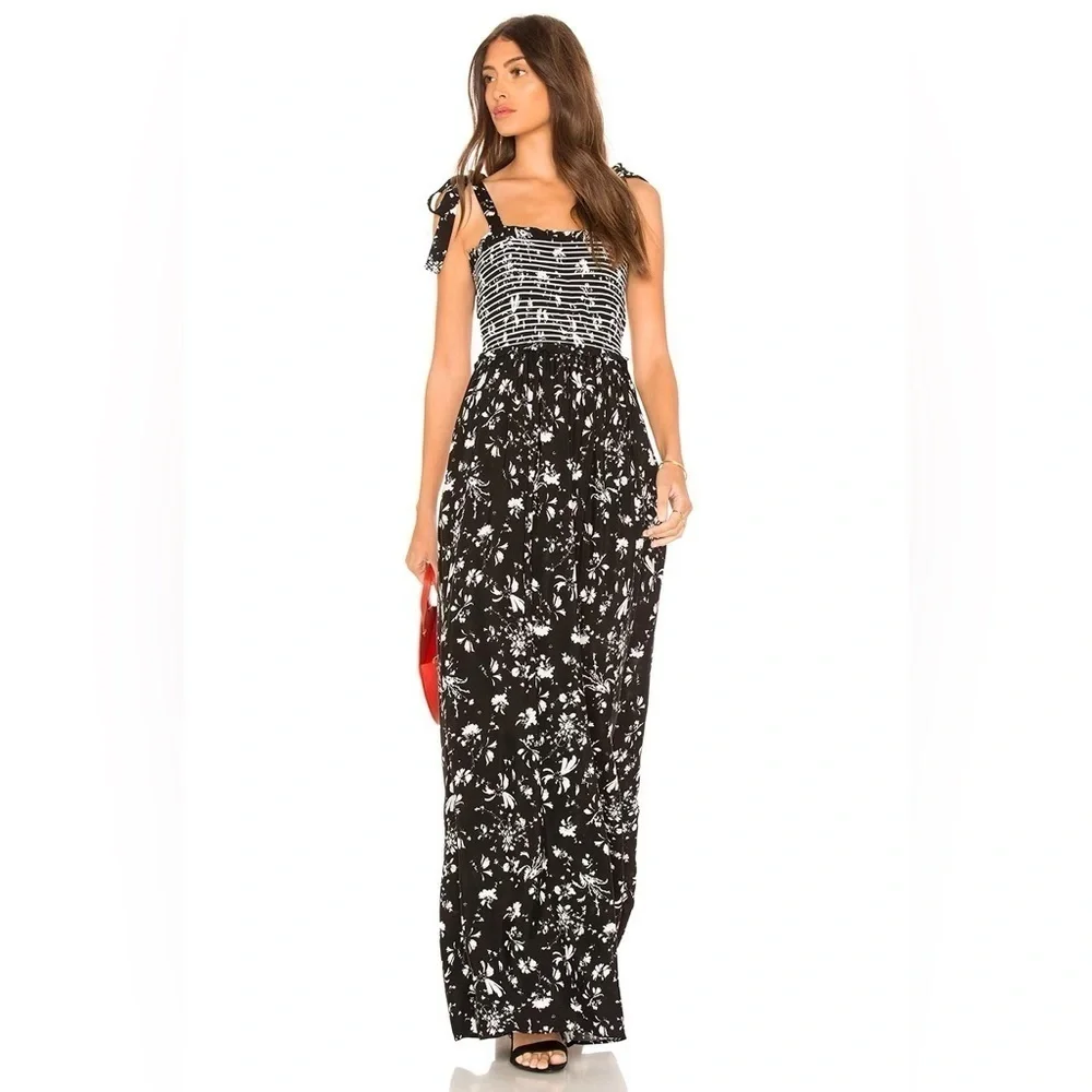 Free People Black and White Floral Striped Shirred Jumpsuit